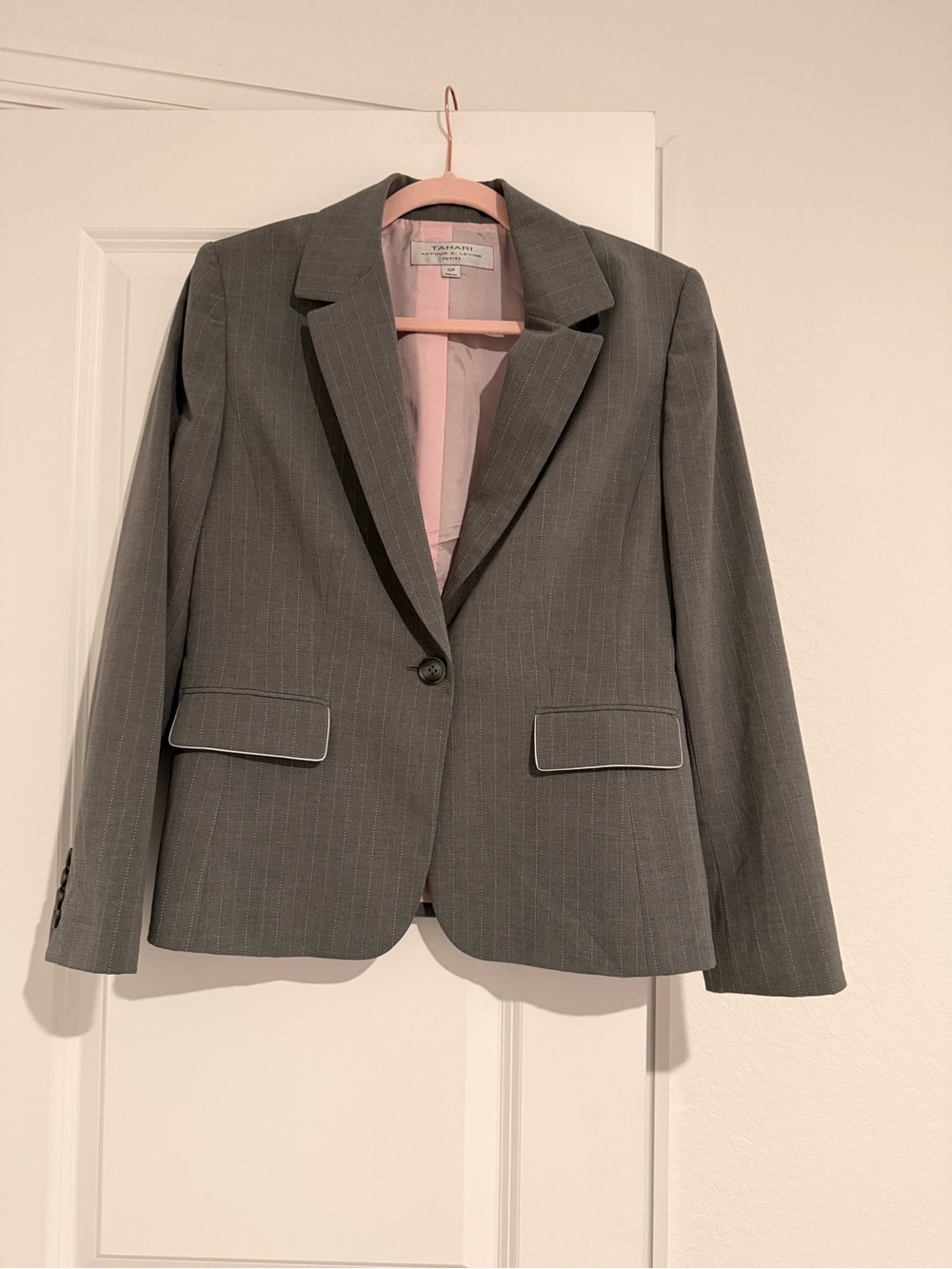 Tahari Gray & Pink Pinstripe Single-Button Blazer